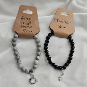 Natural Stone Stretch 8mm Beaded Bracelets Map Stone Obsidian Clip On Charm